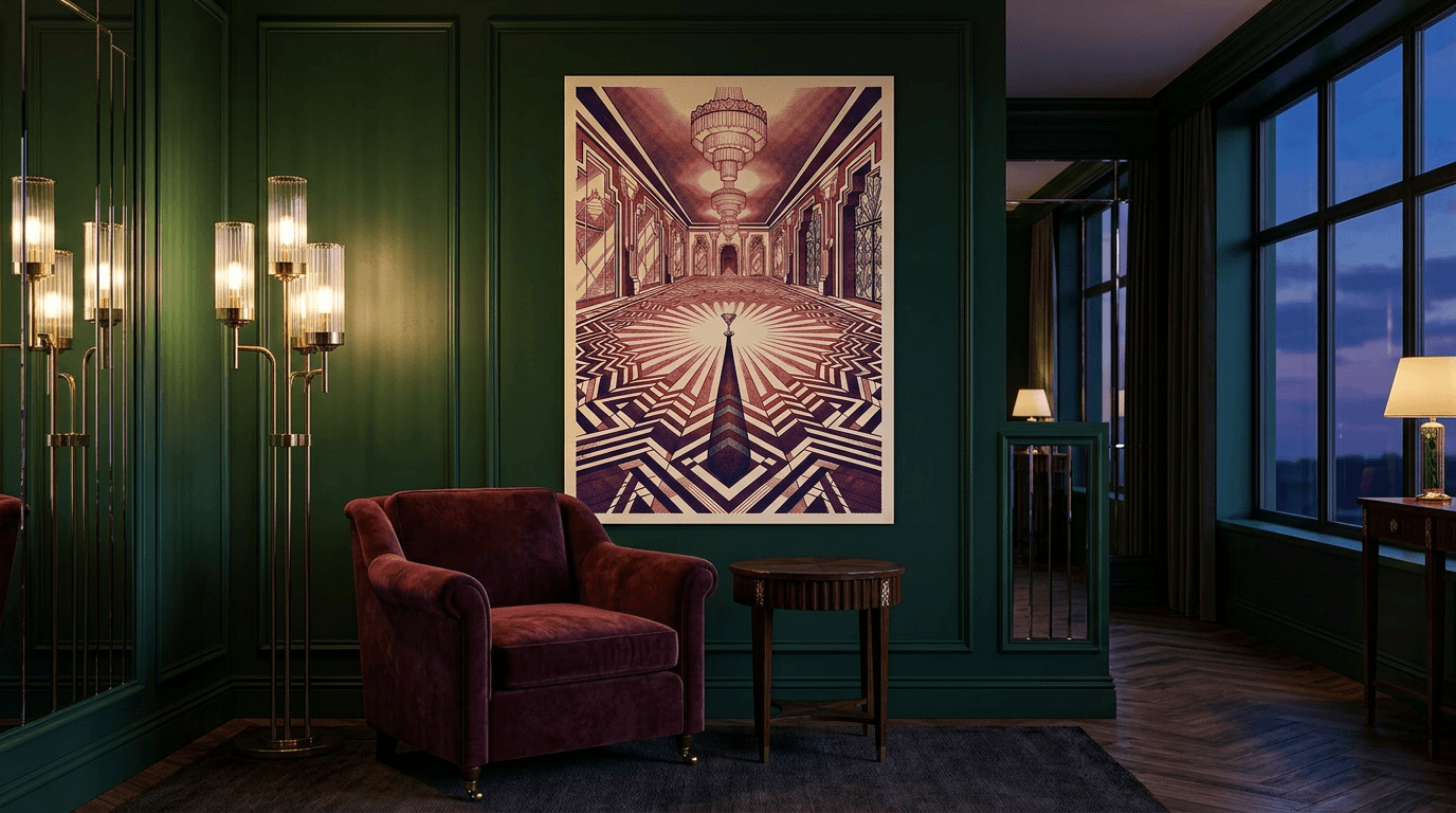 Art deco canvas print hanging in an elegant cocktail lounge with emerald walls and brass accents.