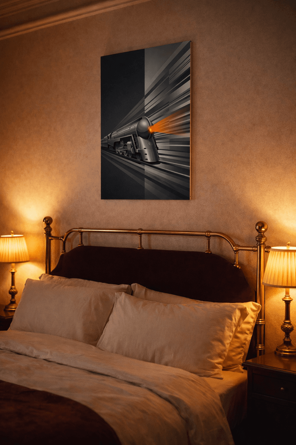 Art deco train poster in a glamorous bedroom with brass furnishings and warm lighting.