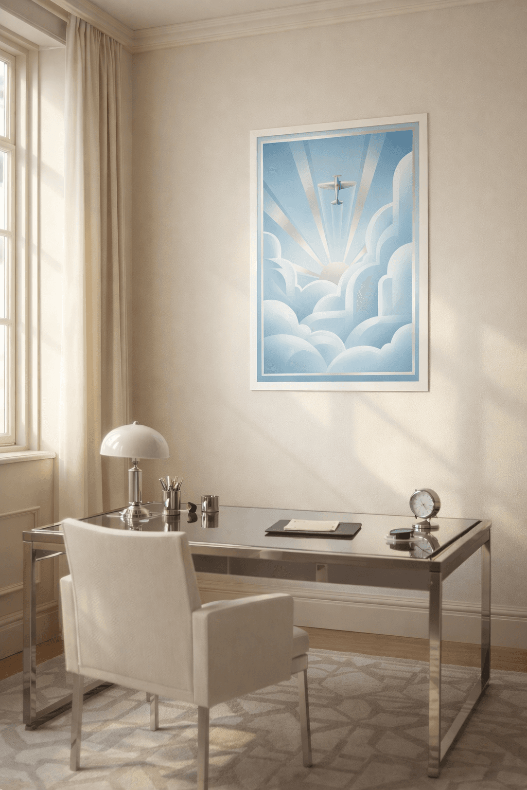 Art deco airplane poster in a bright study with geometric patterns and chrome details.