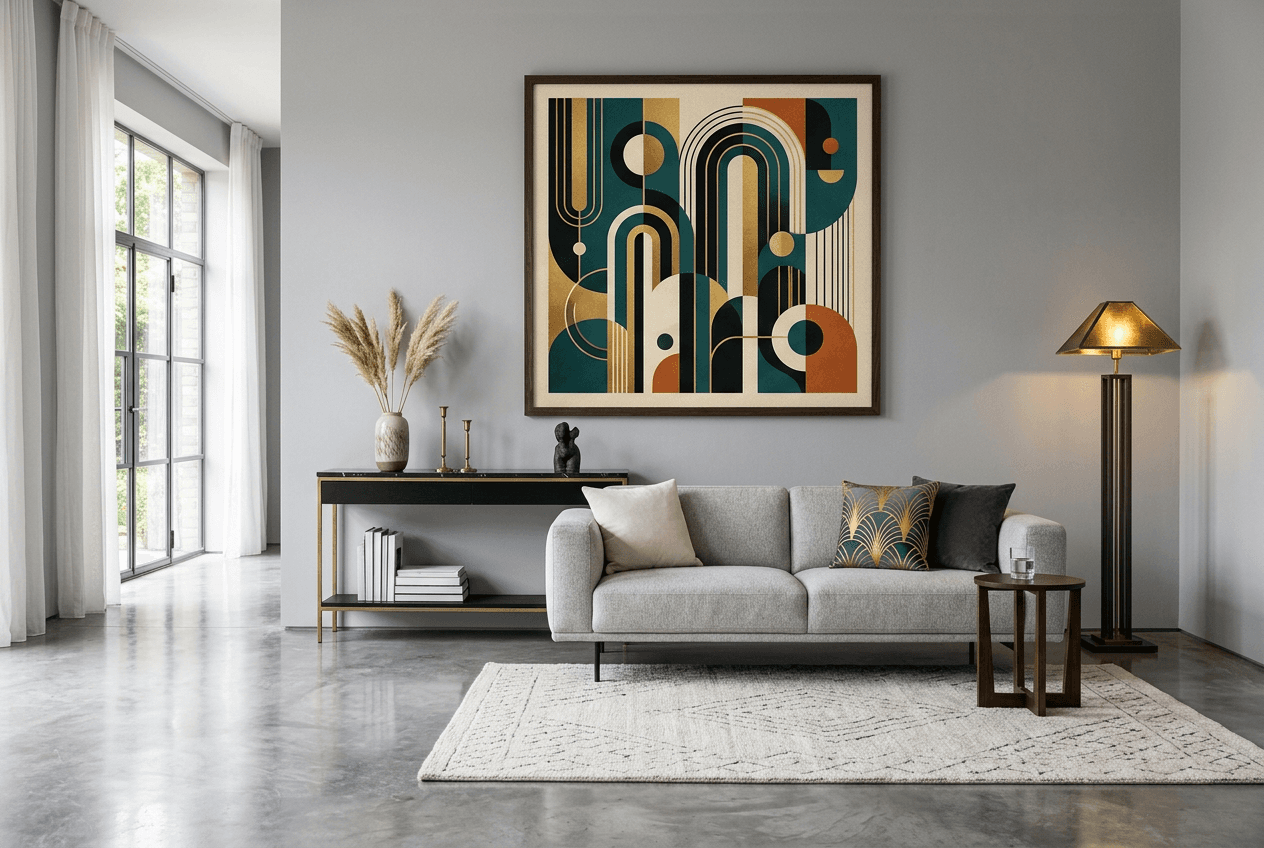 Geometric minimalist poster in a modern living room with grey tones and contemporary furnishings.