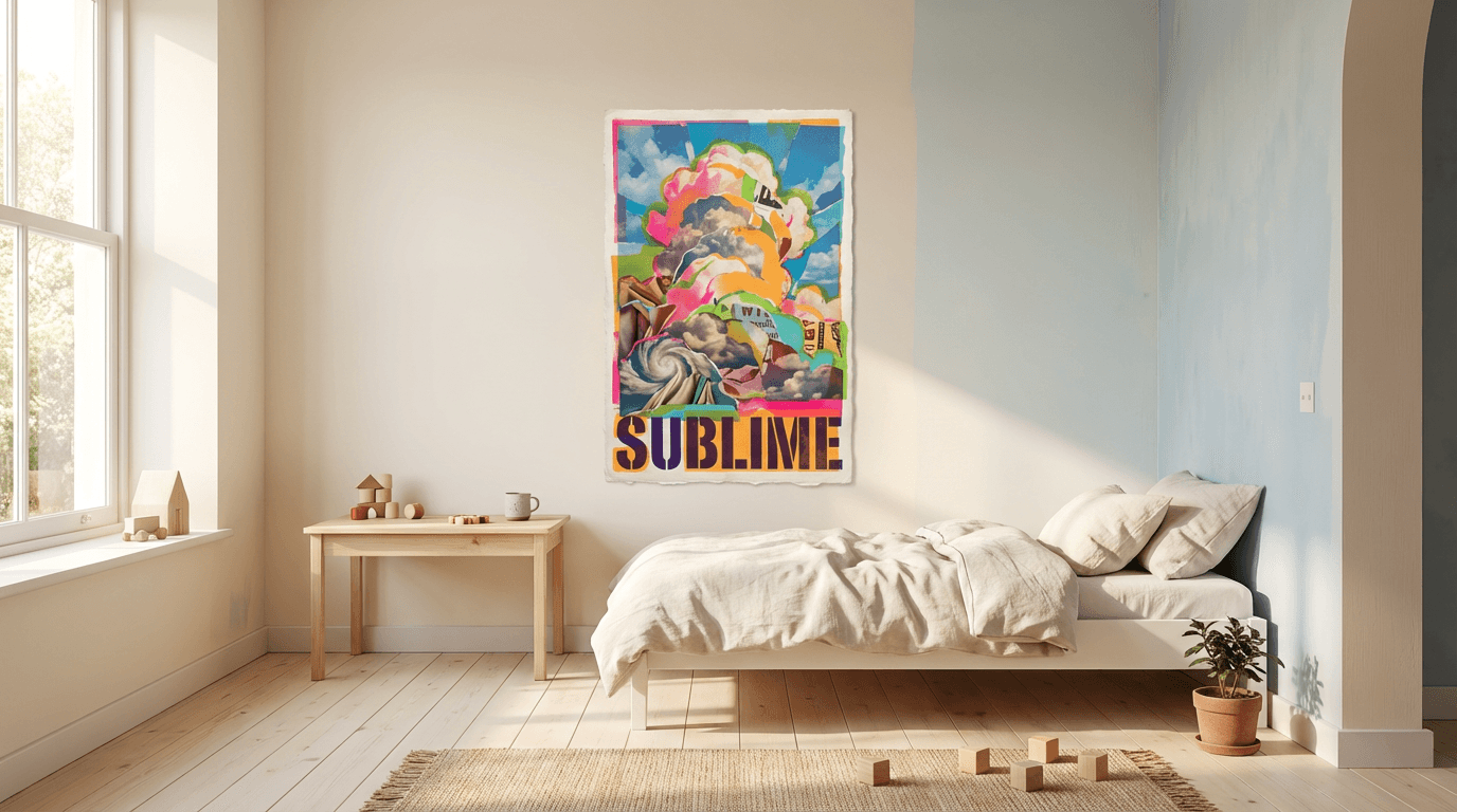 Cloud canvas in a minimalist and soothing child's bedroom