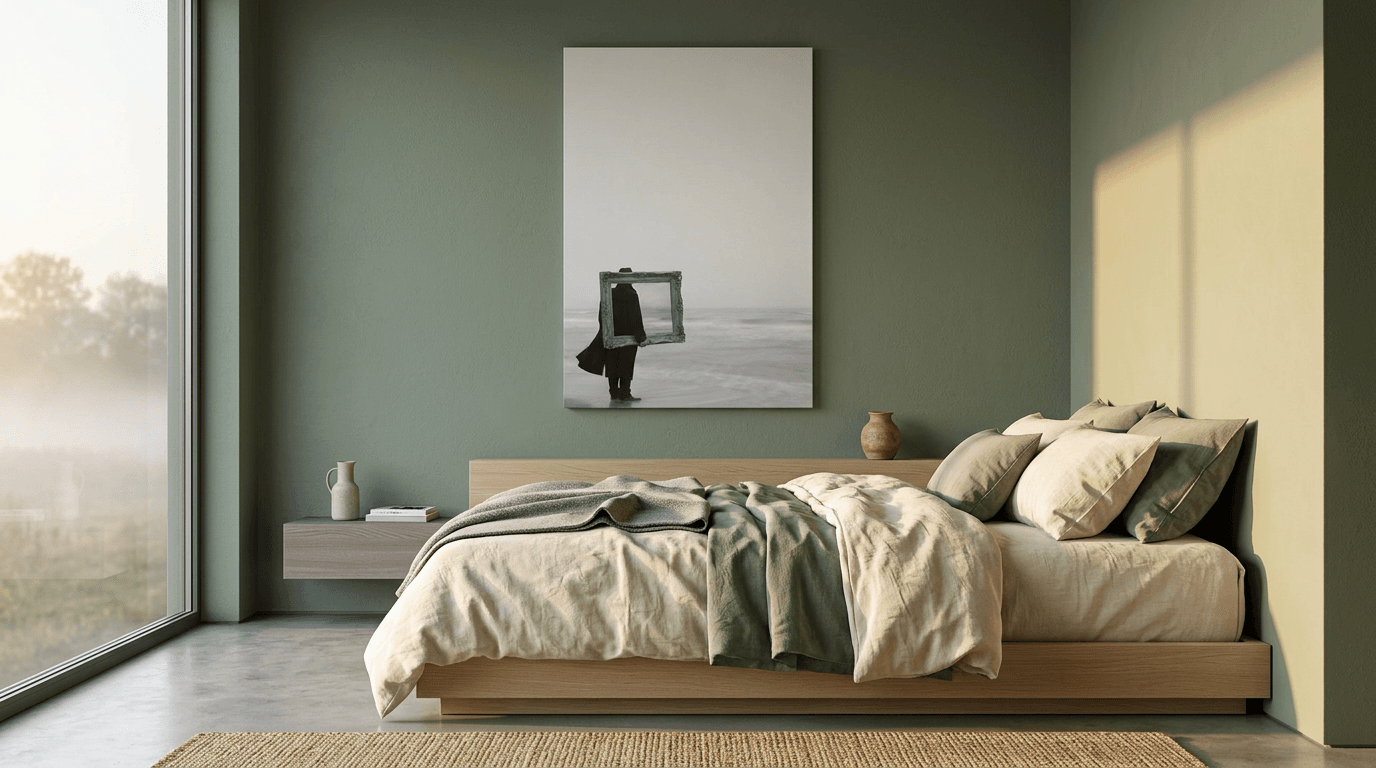 Coastal landscape poster hung above a bed with cream linen bedding