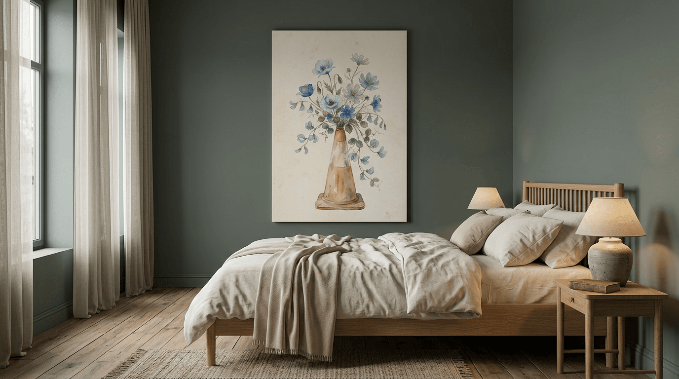 Sage green bedroom with inspirational poster above bed