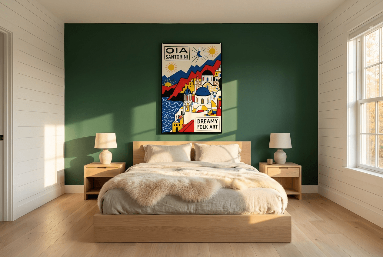 Landscape poster on dark green wall, minimalist Scandinavian style