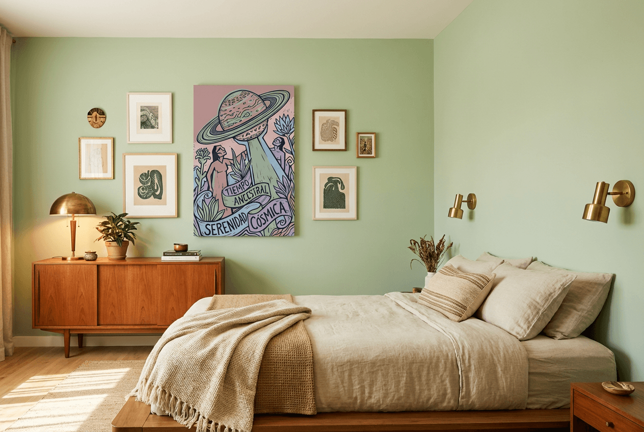 Nature poster on light green wall, contemporary gallery wall