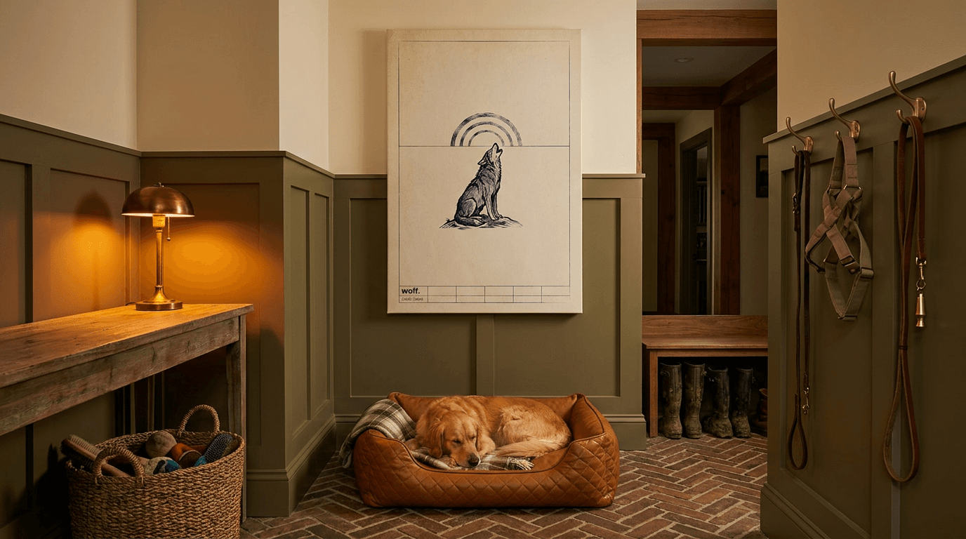 Wolf art print hanging in a cozy olive-green mudroom dog nook with a leather dog bed