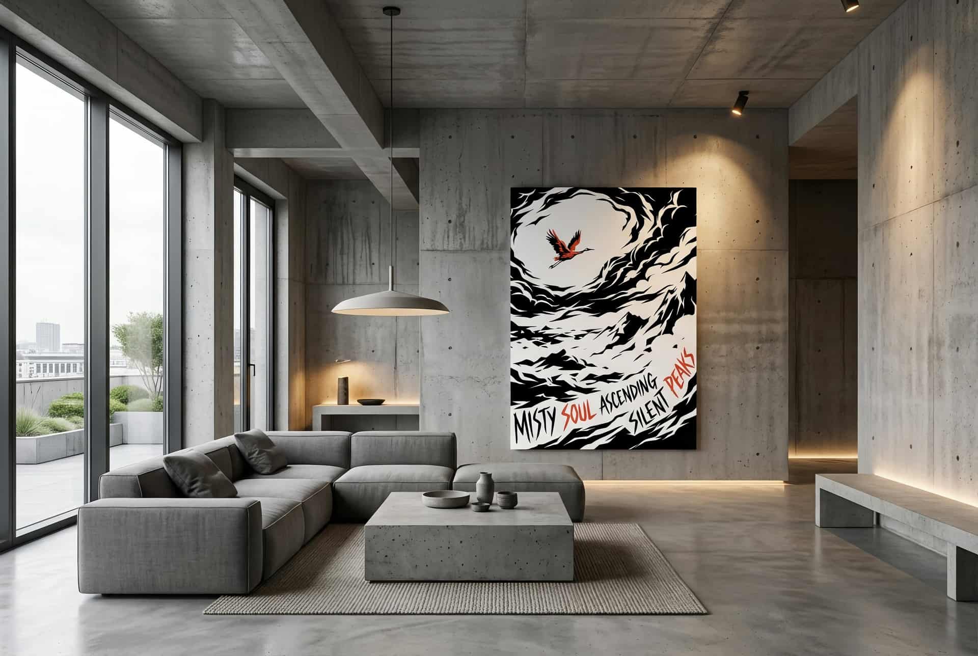 Canvas Crane Over Mist – Living Room (brutalist)