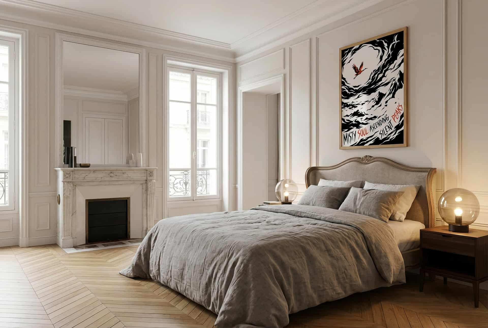 Poster Crane Over Mist – Bedroom (parisian)